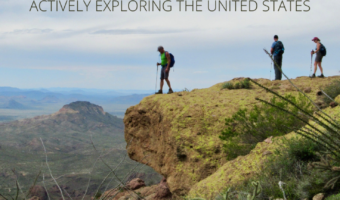 Pin image for Organ Pipe Cactus National Monument and actively exploring the United States with image of three hikers on lichen-covered rocky cliff.