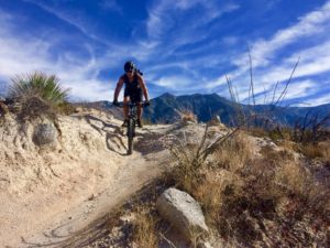 Man on mountain bike coming over top of hill with slight drop.