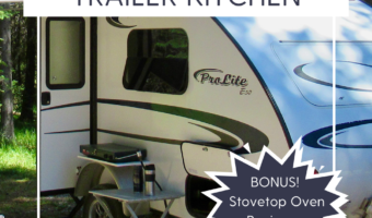 Pin image for Tiny Trailer Kitchen blog post at Time.Travel.Trek.