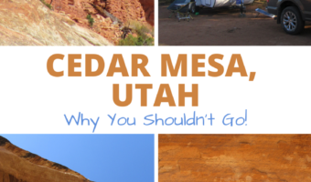 Pin image for Cedar Mesa Utah post at Time.Travel.Trek. with four images of ruins, random camping, a natural bridge and rock art.