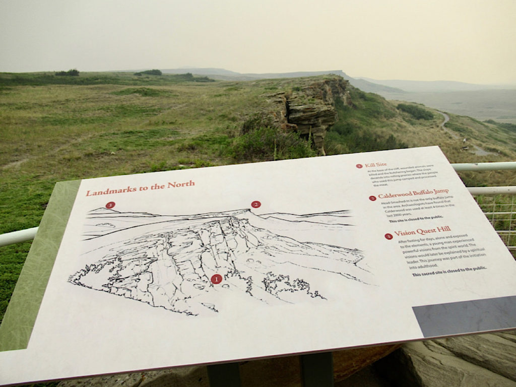 White interpretive sign on cliff edge point out landmarks in the north.