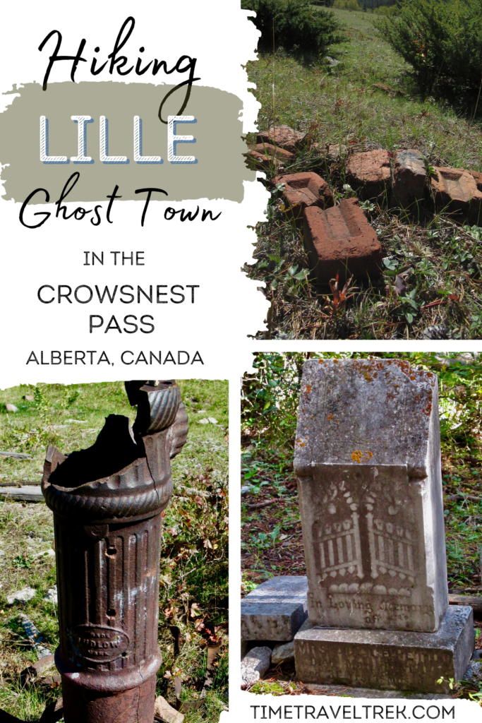 Pin image for Hiking Lille Ghost Town wiht images of red bricks, bits of metal and a headstone.