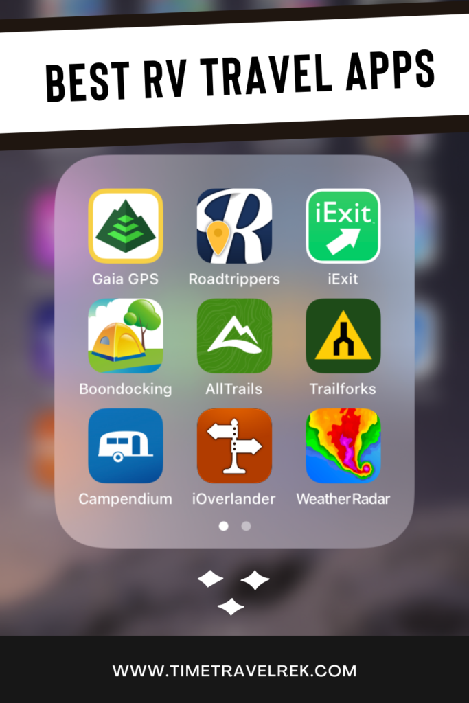Best RV Travel Apps text overlaying screenshot of 9 different app logos from www.timetraveltrek.com website