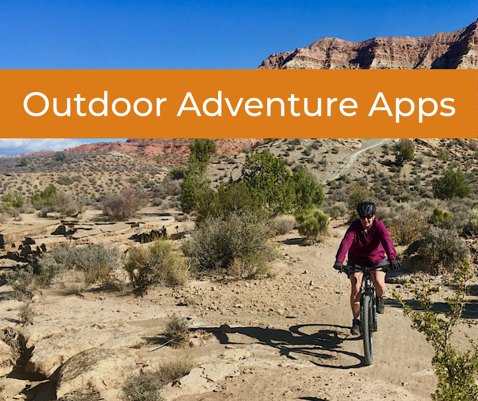 Outdoor adventure apps text overlaying photo of woman riding a mountain bike in the desert below red cliffs.