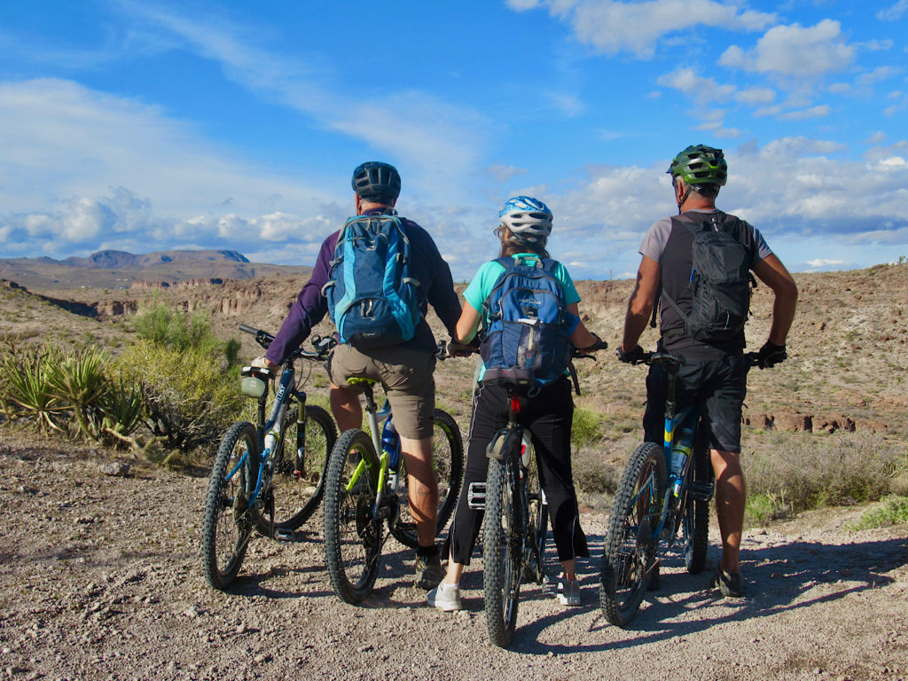 Two men and a woman standing over their mountain bikes with backs to camera as they look out out a high desert landscape.