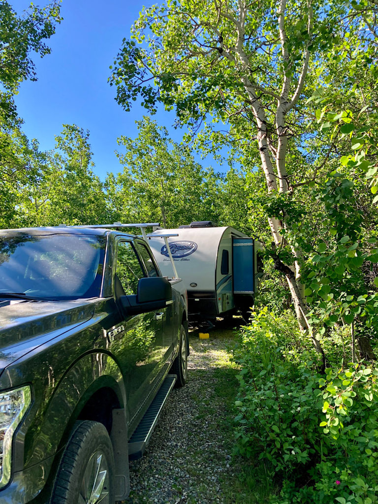 Gray truck and blue and white Rpod trailer with slide out park in treed campsite.