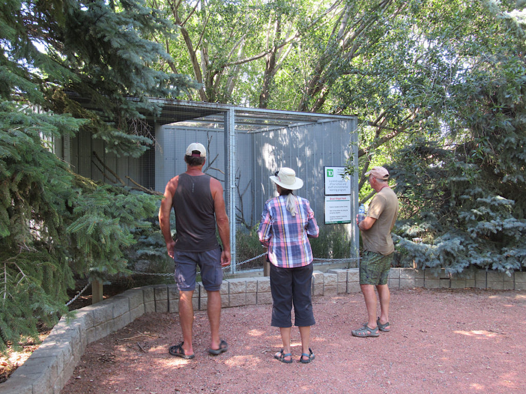 Two meant wearing shorts and ball caps and a woman in a plaid shirt and crop pants standing in front of a bird enclosure in a wooded area.