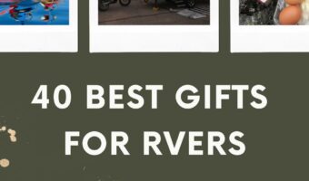 Pin image for Time.Travel.Trek. post "40 Best Gifts for RVers" Three photos above title show kayakers on a lake, a trailer at sunset and a picnic lunch.