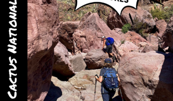 Pin image for Time.Travel.Trek. post with image of man and woman scrambling up pinky-brown boulders in a wash. Text reads: Organ Pipe Cactus National Monument on left with bubble top right reading: More Arizona Hiking Adventures.
