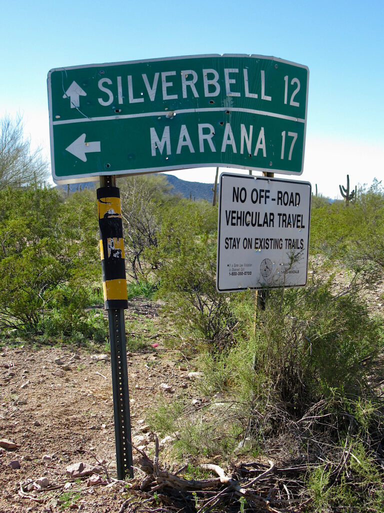 Green road sign with white lettering reading Silverbell (arrow pointing straight ahead) and Marina (arrow pointing to right).
