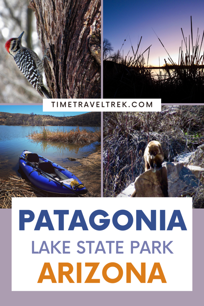 Pin image for TimeTravelTrek post re: Patagonia Lake State Park with four images: blue inflatable kayak, coati, ladder back woodpecker, and sunset on lake.