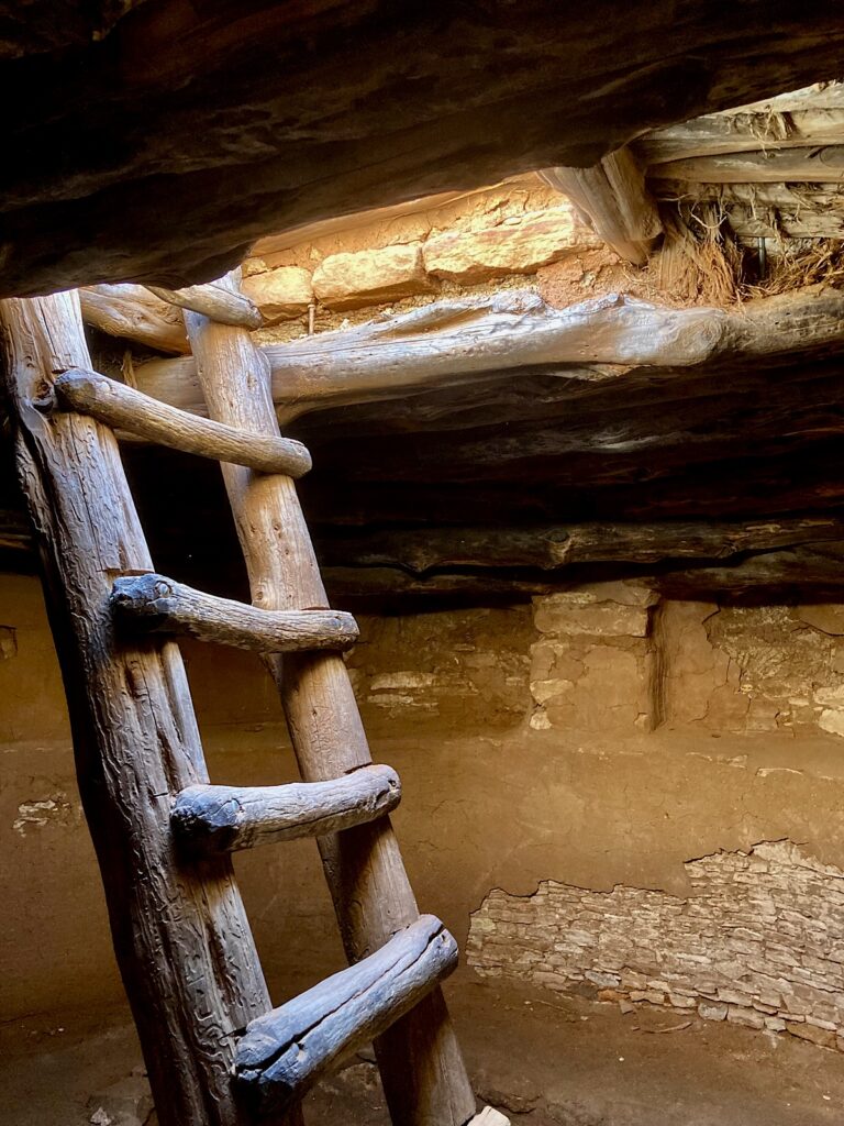Inside small subterranean room with wooden ladder along diffused yellow light in at top.