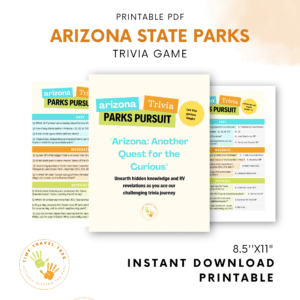 Etsy Product with 3 images of Arizona State Parks trivia cover, sample trivia questions pages plus Words: Printable PDF Arizona State Parks Trivia Game at top and TimeTravelTrek logo and words: 8 1/2 x 11, Instant download, Printable at bottom