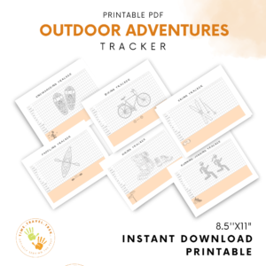 Etsy Product with 6 images of snowshoeing, biking, paddling, hiking, skiing and running/jogging tracker pages plus Words: Printable PDF Outdoor Adventures Tracker at top and TimeTravelTrek logo and words: 8 1/2 x 11, Instant download, Printable at bottom