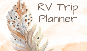 Cover image with "2024 Snowbird RV Trip Planner" written over watercolour pale pink splotchy background and a large brown and orange and white feather curving below.