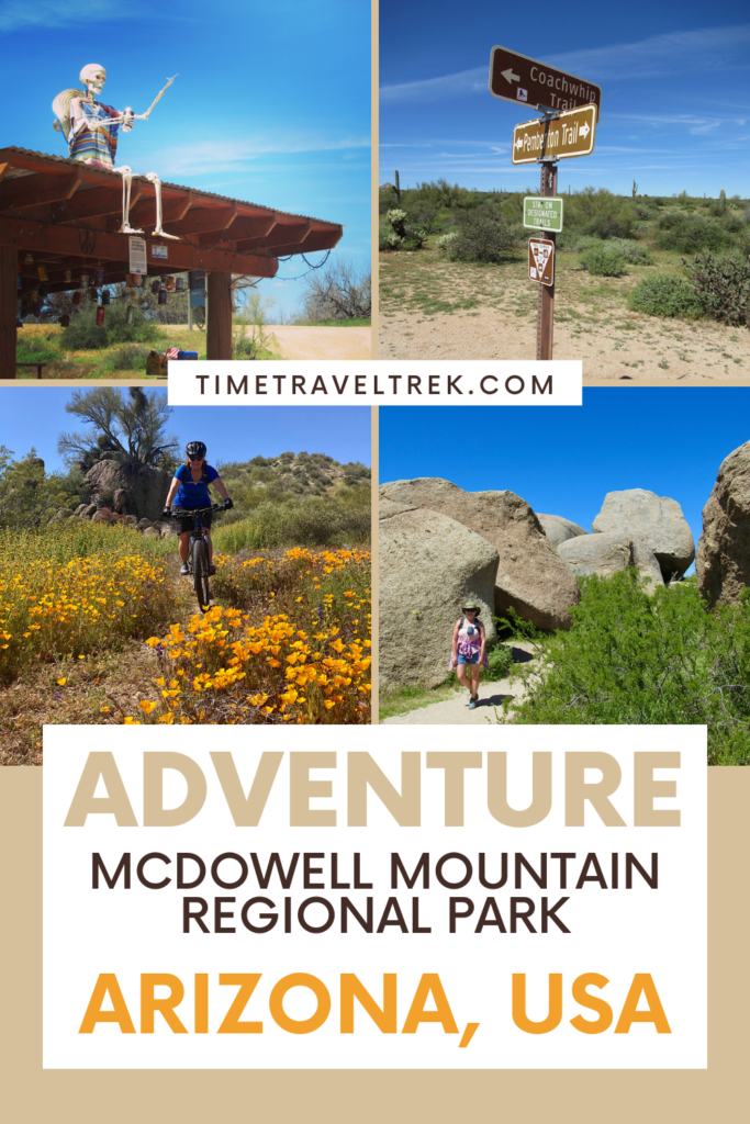 Pin image for TimeTravelTrek.com post with four images of a fake skeleton on a rooftop, a trail signpost, a woman biking riding surrounded by golden poppies, and a woman hiking through big boulders on a trail. Text reads: Adventure. McDowell Mountain Regional Park. Arizona, USA.