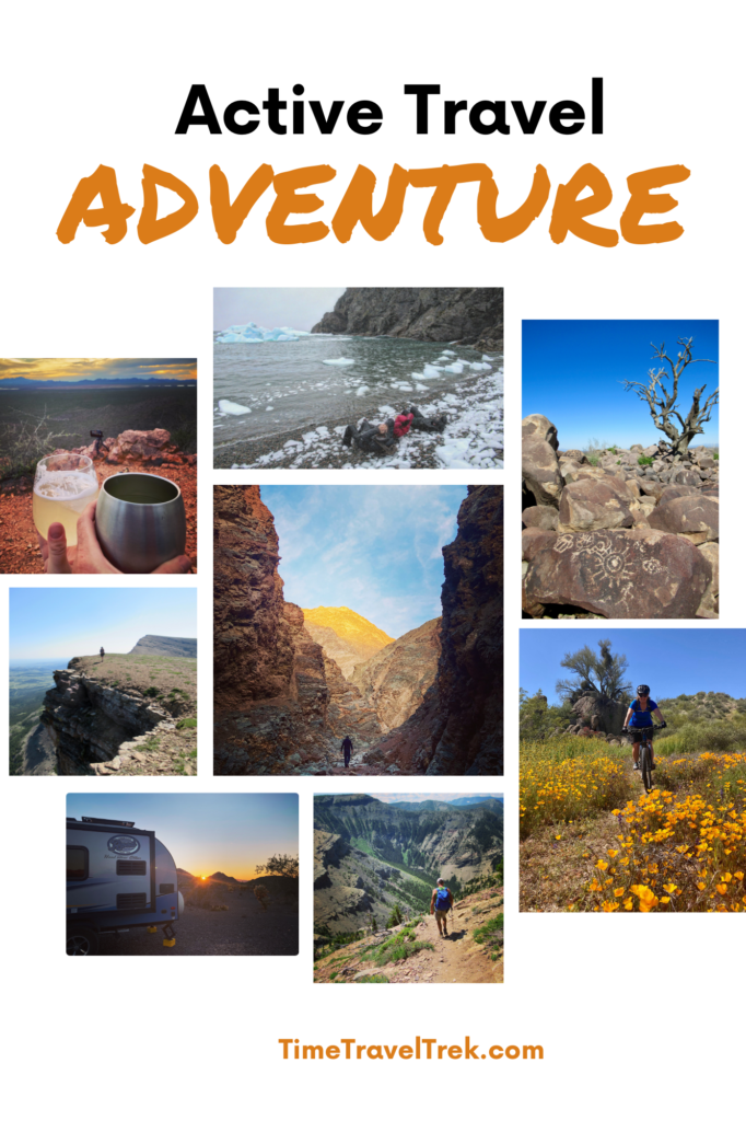 Pin image for TimeTravelTrek post Active Travel Adventure with a photo collage of active outdoor adventures.