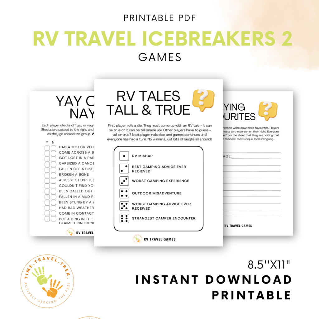 RV Travel Icebreakers Games with set of three games including RV "Tales Tall & True, Yay or Nay, and Playing Favourites" from TimeTravelTrek.com printable PDF available for instant download. 