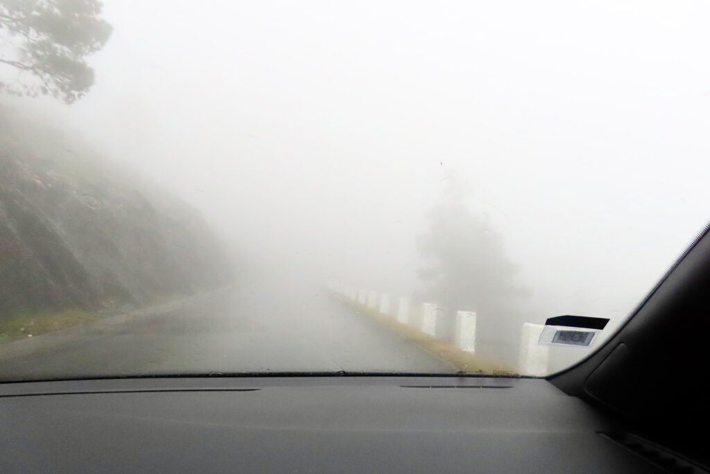 View of extremely fog our car window with just a few shadowy trees visible.