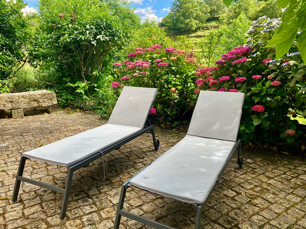 Two white lounge chairs in front of flowers.