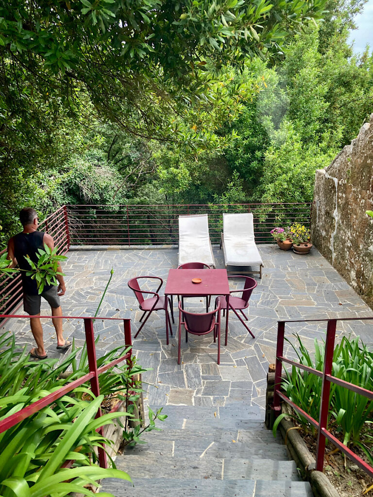 Patio with lawn furniture surrounded by green trees.