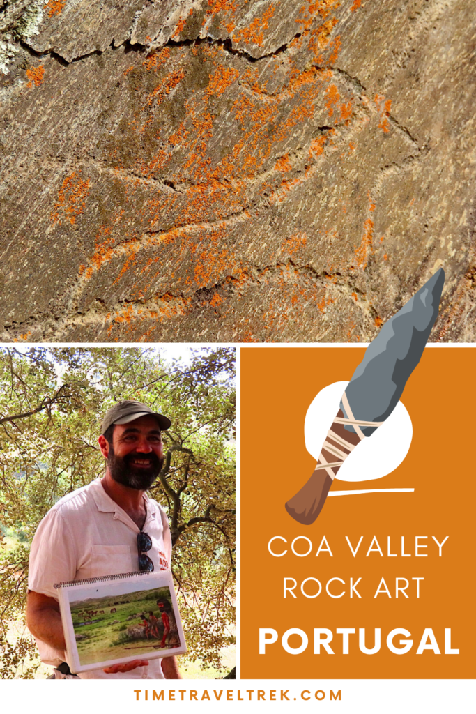 Pin image for Timetraveltrek.com post with image of an animal carved in stone at the top, a man with dark beard, white shirt and ball cap holding a book with prehistoric image page on bottom left, and the words "Coa Valley Rock Art Portugal" written in white on orange box, bottom right.