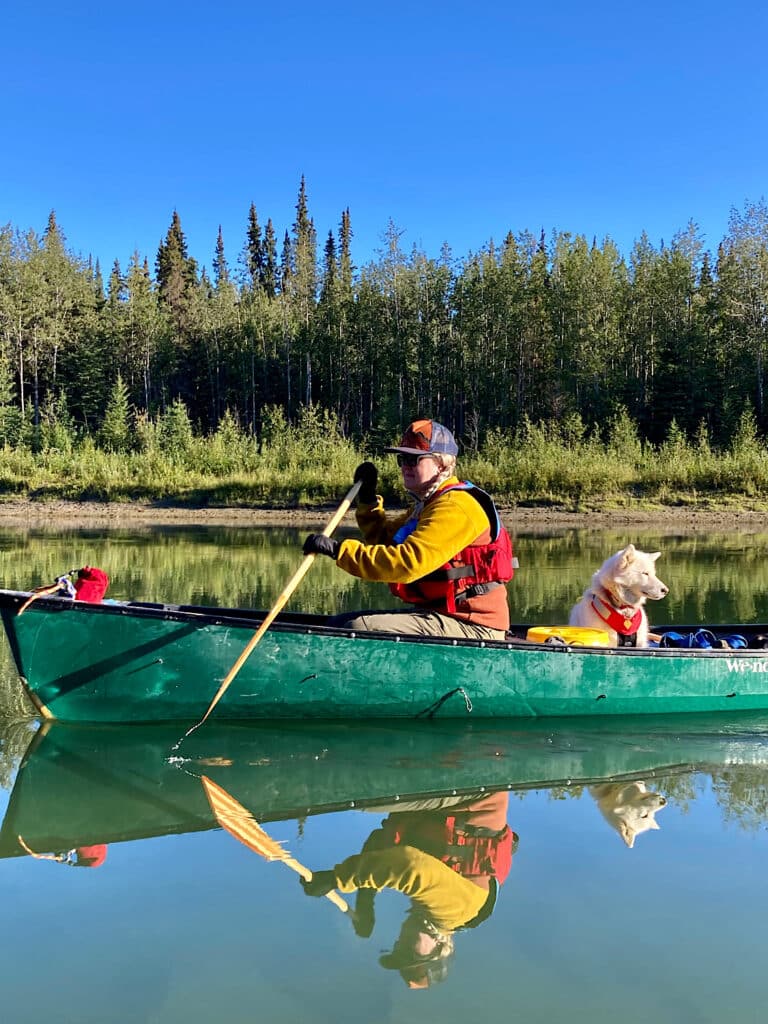 Woman in mustard yellow coat and red life jacket paddling in green canoe with white dog wearing a red life jacket seated behind her.