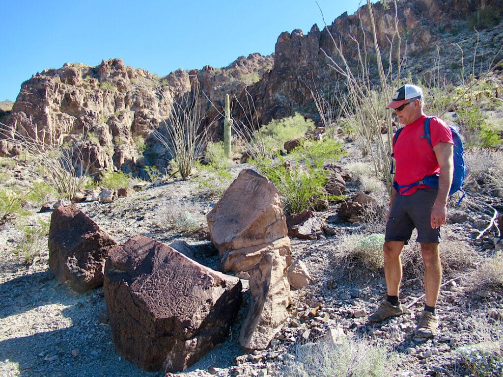 Man in red shirt and shorts standing and looking at a rock covered with rock art.
