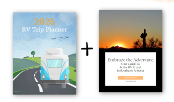 TimeTravelTrek Etsy bundle of a RV trip planner and Southern Arizona RV travel ebook guide with images of graphic including trailer going down highway and a sunset with cactus.