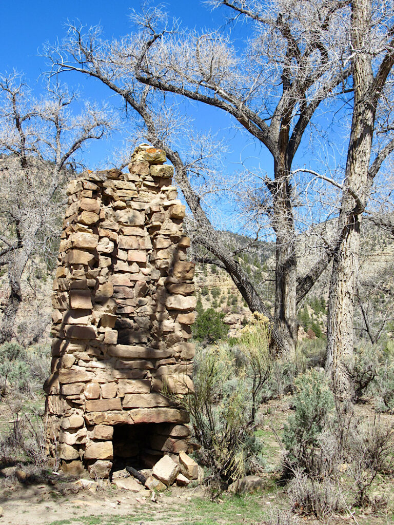 Beige rock fireplace and chimney standing among deciduous trees and shrubs.