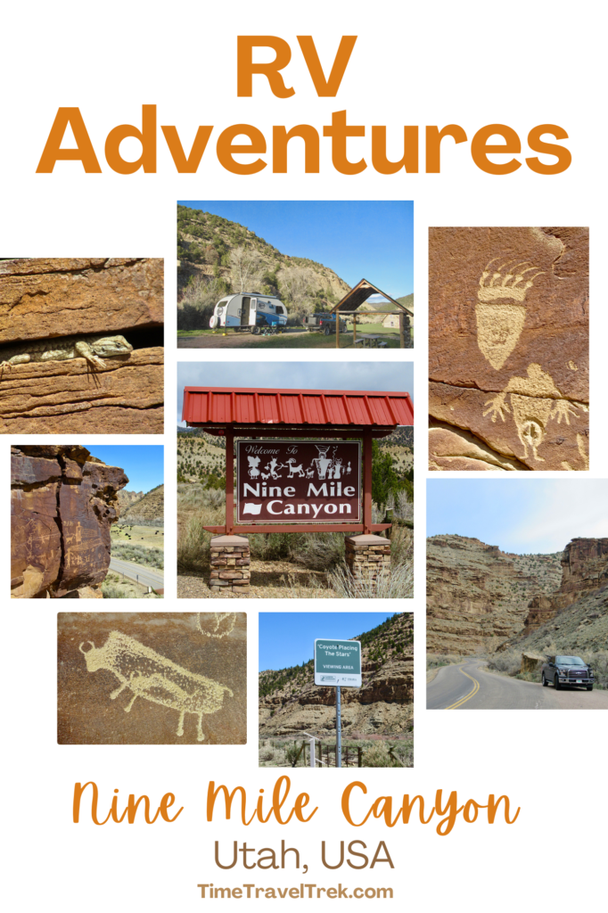 Pin image for TimeTravelTrek.com post with 8 images including rock art, trailer and a lizard. Text reads: RV Adventures, Nine Mile Canyon, Utah, USA.