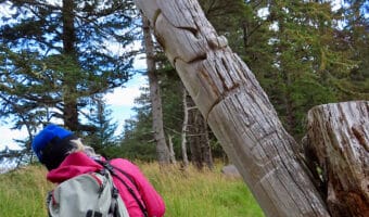 Woman in pink jacket and dark pants leaning over to check out leaning totem pole.