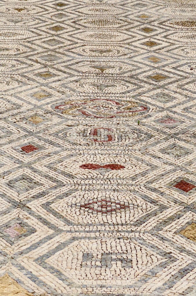 Tile floor with multiple patterns including a light grey swastika.