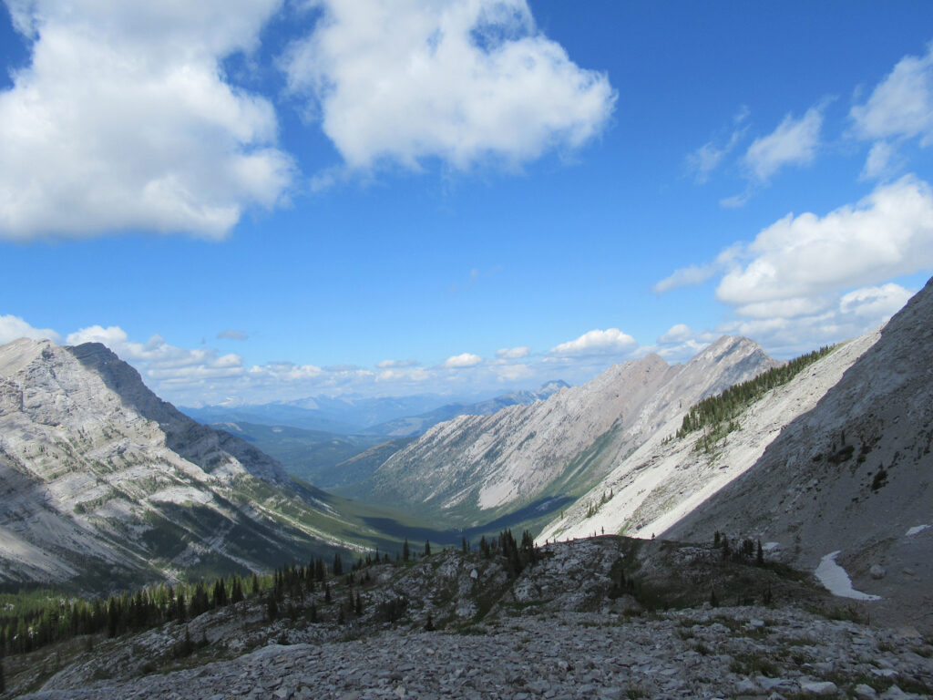 View down steep, tree-lined valley with rugged grey peaks under blue sky.