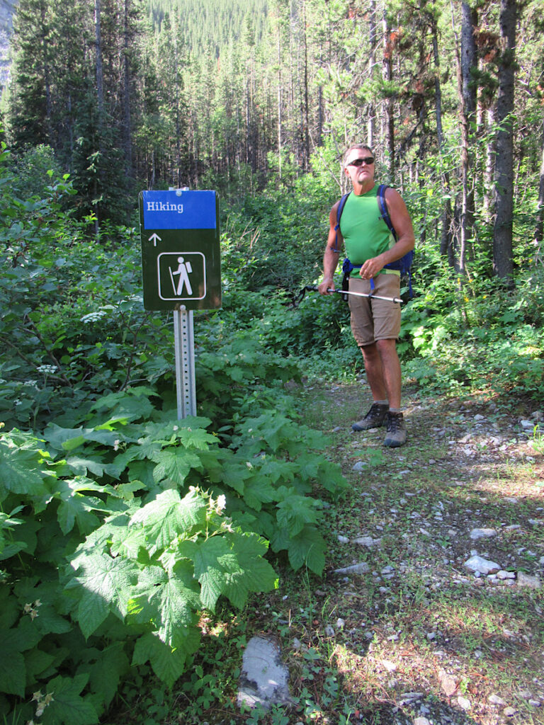 Man in green short sleeve shirt and bronw pants facing camera on trail with signpost image of hiker and blue sign label "hiking."