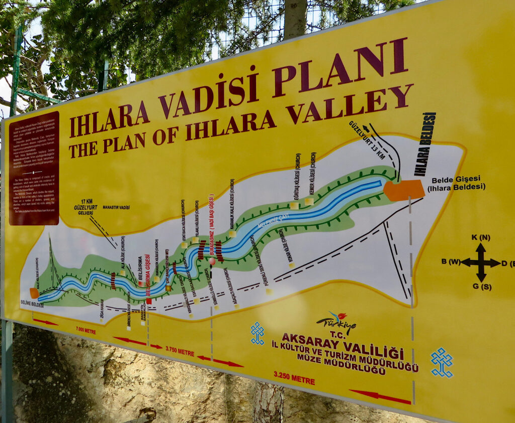 Yellow background on sign with labelled sites in the Ihlara Valley.