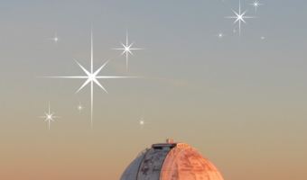 Pin image for TimeTravelTrek post with text reading: RV Camping Adventures Exploring Arizona Dark Skies over image of a white-domed observatory at sunset with added white star graphics.