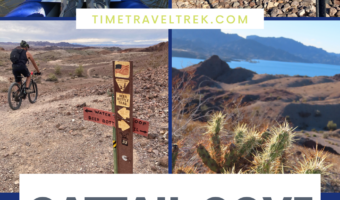 Pin image for TimeTravelTrek.com post with four images: a kayak on the water, a man biking past a sign, a hiking trail, and a cactus overlooking distant lake. Words read: Cattail Cove State Park Arizona