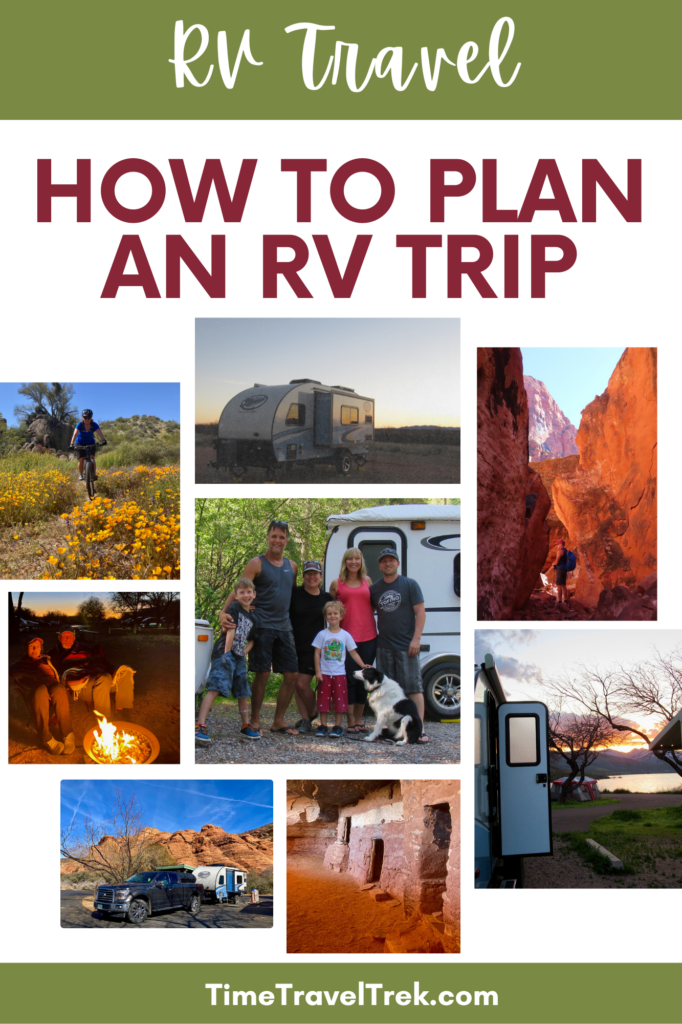 Pin image for TimeTravelTrek.com post reading: RV Travel How to Plan an RV Trip. Collage of 8 pictures including trailers and people and biking and hiking and cultural site images.