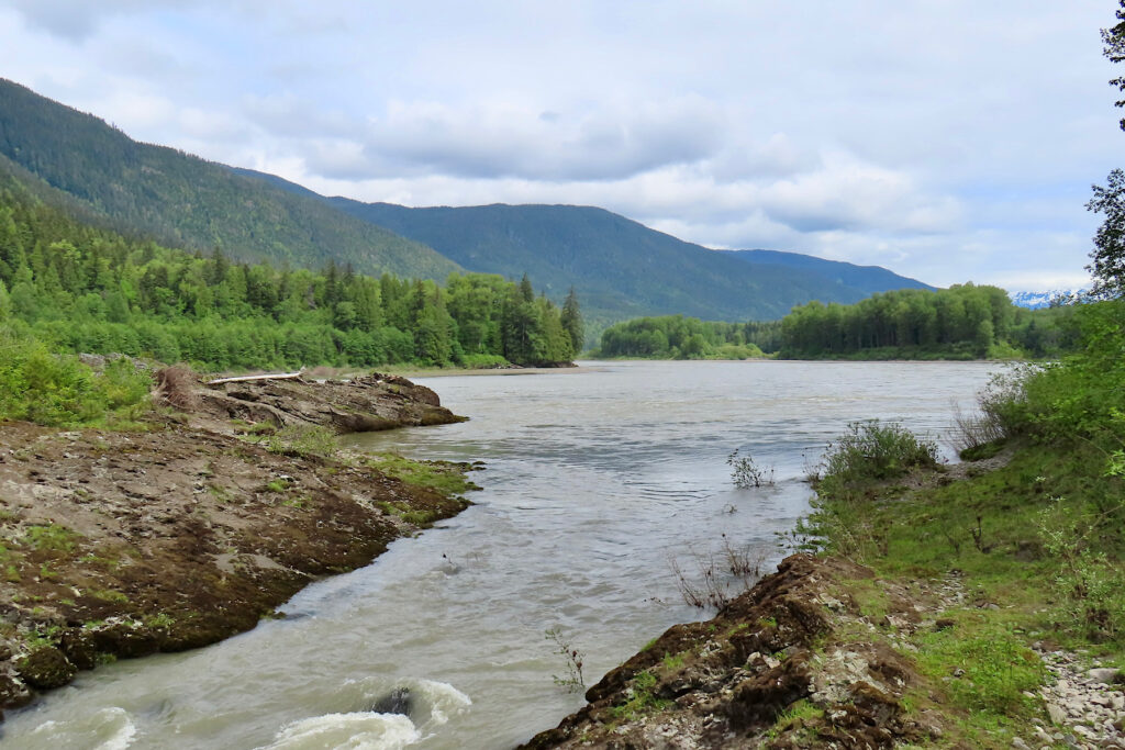 Side channel on large, brown river.
