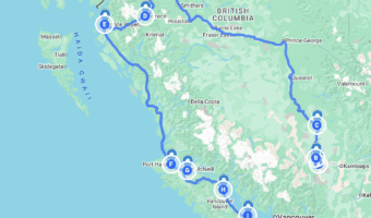 Map showing a blue-line travel route through British Columbia.