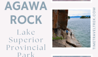 Collage showing scenes of lake in between two images of rock art on right with light purply red background and text on right reading: Agawa Rock. Lake Superior Provincial Park.
