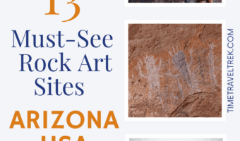 Pin image with 3 photos of people looking at distant rock art and a close up view. Text reads: 13 Must-See Rock Art Sites. Arizona USA.