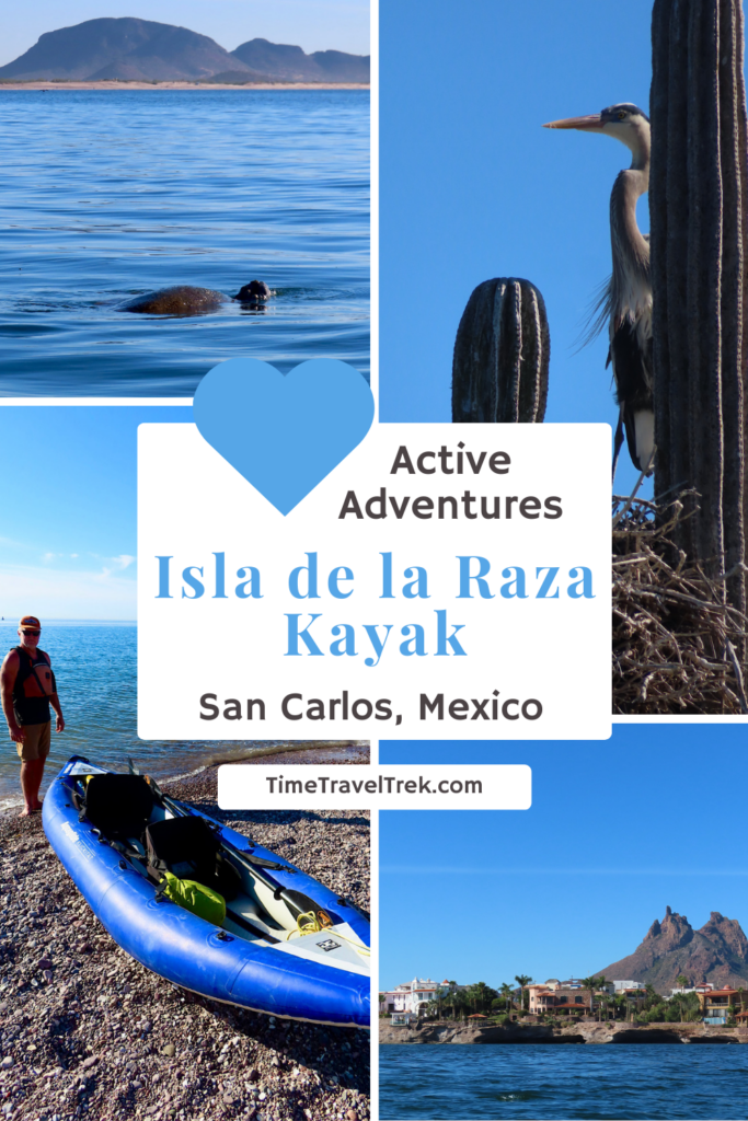 Pin image for TimeTravelTrek.com post with 4 images of paddling and ocean and birds. Text reads: Active adventures, Isla de la Raza, San Carlos, Mexico.