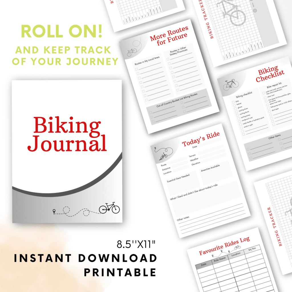 Etsy mockup image of journal pages with text reading: Roll On! And Keep Track of Your Journey. 8 1/2x11" Instant Download. Printable.