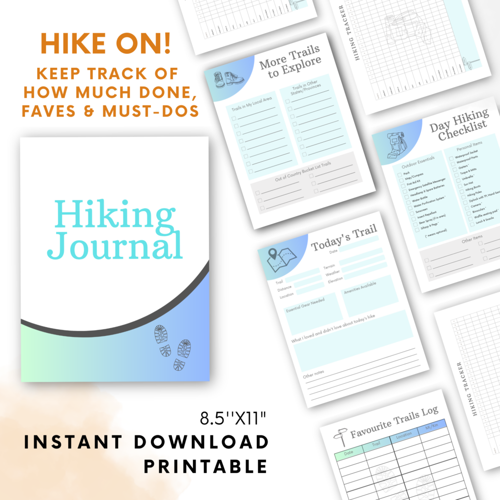 Etsy listing with image of printable pages for Hiking journal, More routes for future, Today's Trail, Favourite trails log, Day hiking checklist and Hiking tracker. 8.5x11", Instant download, printable.