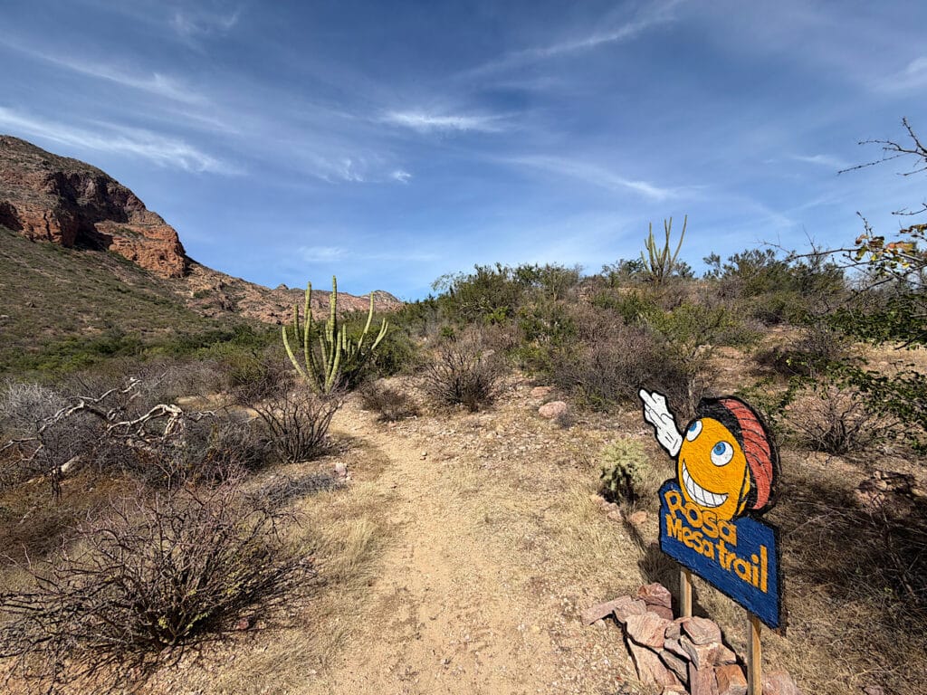 Sign of cartoon character wearing bicycle helment pointing to "Rosa Mesa Trail"