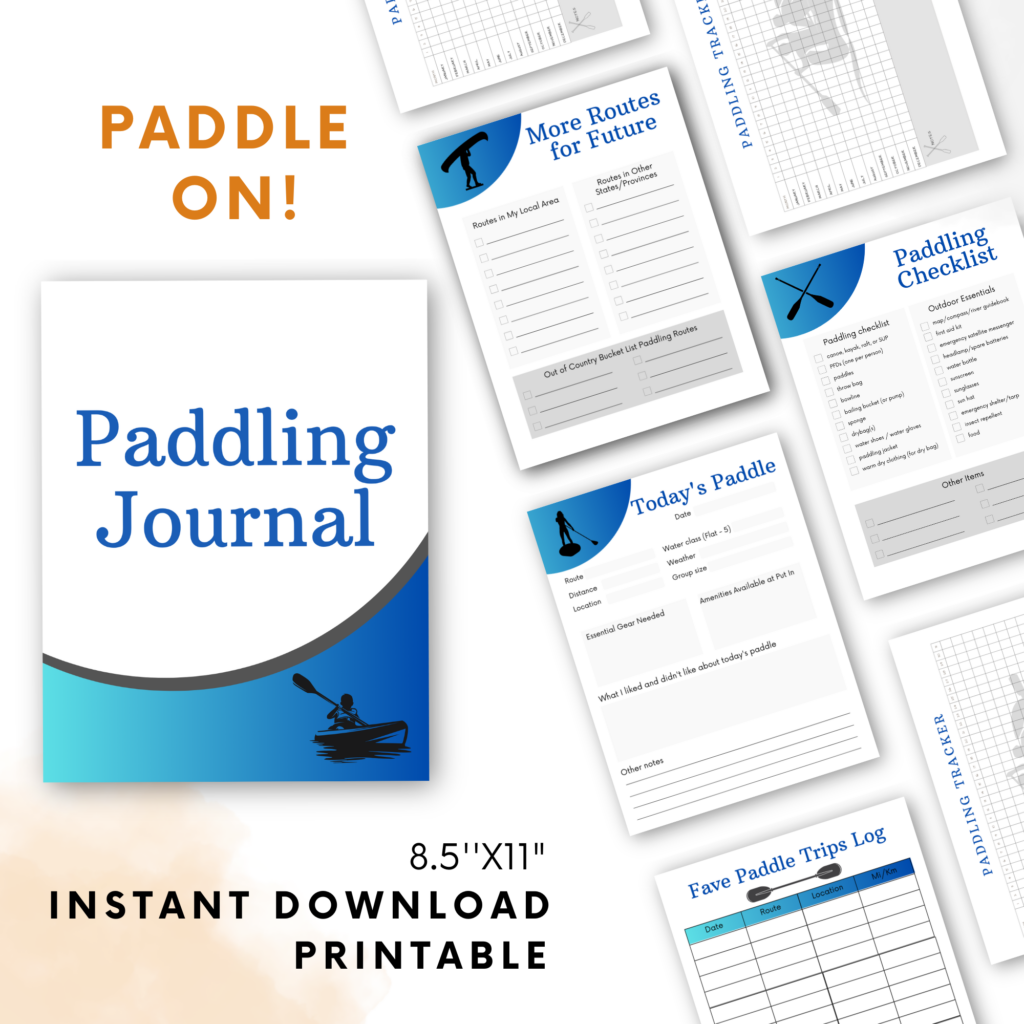 Etsy listing with image of printable pages for Paddling journal, More routes for future, today's paddle, fave paddle trips logs, Paddling checklist and Paddling tracker. 8.5x11", Instant download, printable.