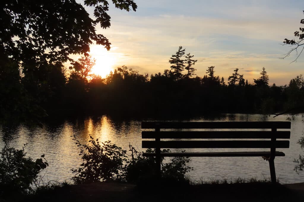 Sun setting on lake with silhouetted trees and a park bench.