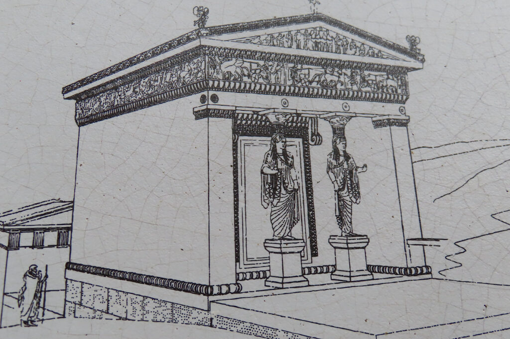 Black and white drawing of a historic Greek-style building with statues and design elements.